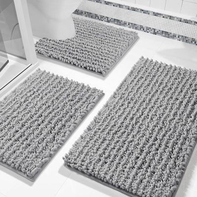 Ensemble de tapis de salle de bain 3 pièces, tapis de bain en chenille à séchage rapide super absorbant avec tapis de toilette, antidérapant, lavable à la machine, tapis de sol à poils longs très épais, gris