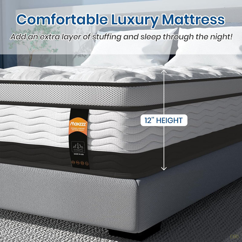 Très grand matelas hybride 12 po dans une boîte, mousse viscoélastique infusée de gel rafraîchissant et matelas à ressorts ensachés, mi-ferme, 76 po x 80 po