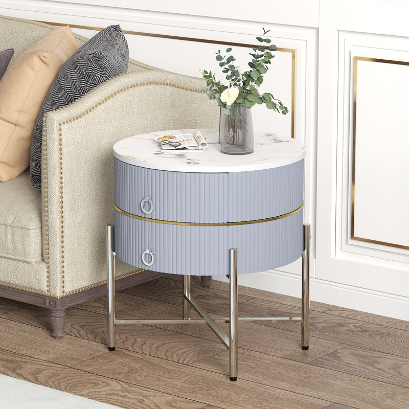 Table de bout à 2 tiroirs Color Frame, Gris / Argent, Blanc