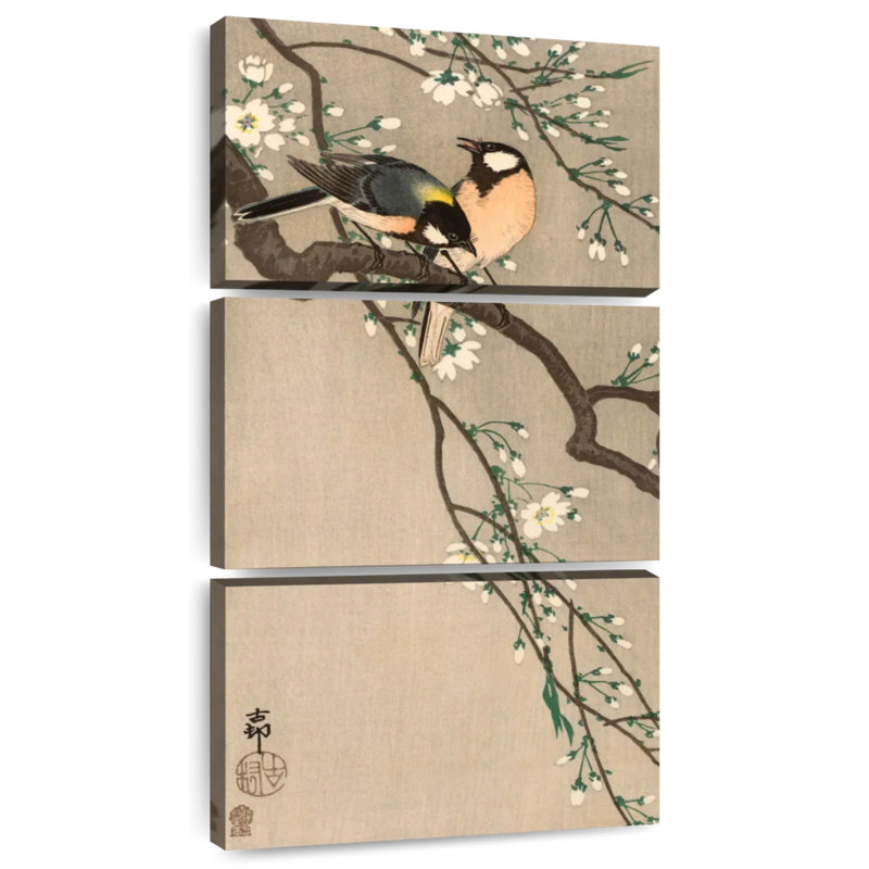 Oiseaux chanteurs sur une branche de cerisier, H 27 po x l 12 po