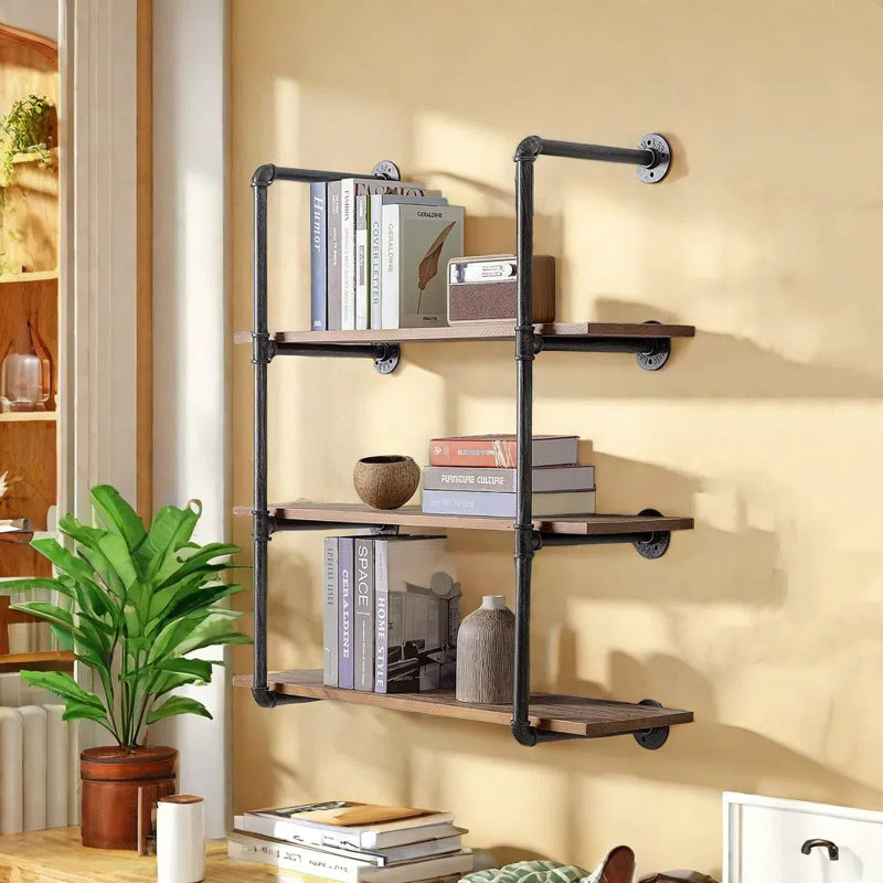 Industrial Wall Mounted Pipe Shelving,Rustic Metal Floating Shelves,Steampunk Real Wood Bookcases,DIY Bookshelf Hanging Shelves,Farmhouse Kitchen Bar Office Home Storage (4-Tier With 3 Boards,36In)