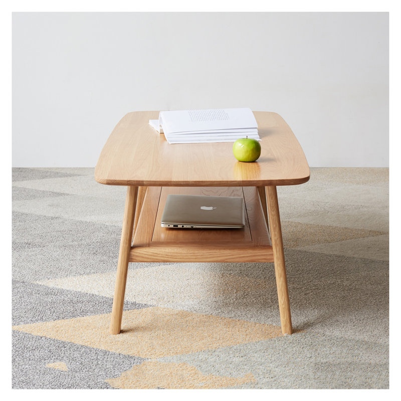 Table basse compacte en chêne massif avec tablette de rangement, petite table centrale rectangulaire pour les appartements