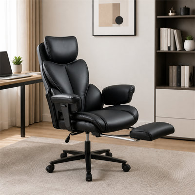 Black high-back reclining gaming and office chair featuring supple, breathable genuine leather; includes an adjustable headrest, lumbar support, and a retractable footrest.