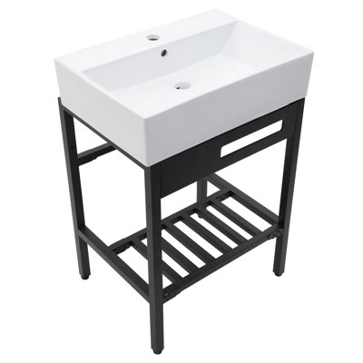 Ceramic Console Sink With Overflow And Black Metal Legs For Bathroom | Gift Idea