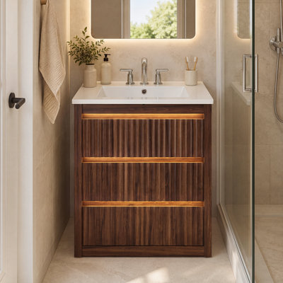 Meuble-lavabo cannelé 30 po avec comptoir en céramique, meuble-lavabo simple avec 3 tiroirs