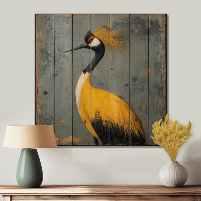 Grue grise et jaune oiseau I - impression sur bois d'oiseau - sur bois de pin naturel
