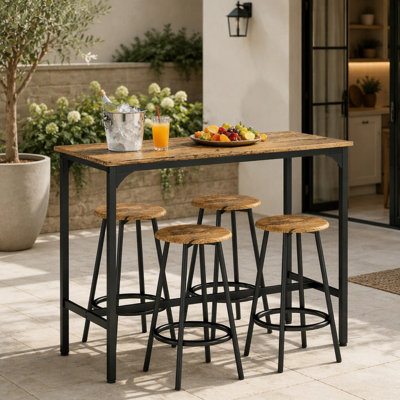 Ensemble table et chaises de bar 5 pièces, hauteur du comptoir, design compact, structure métallique robuste et plateau en MDF facile à nettoyer, idéal pour les cuisines modernes.