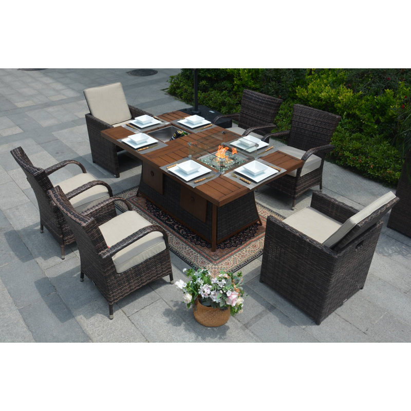 Betzaira 6 - Person Wicker Patio Dining Set with Rectangular Table , Cushions Included