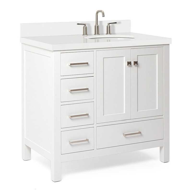 Cambridge 37'' W Single Vanity, White, Pure White Quartz, Oval