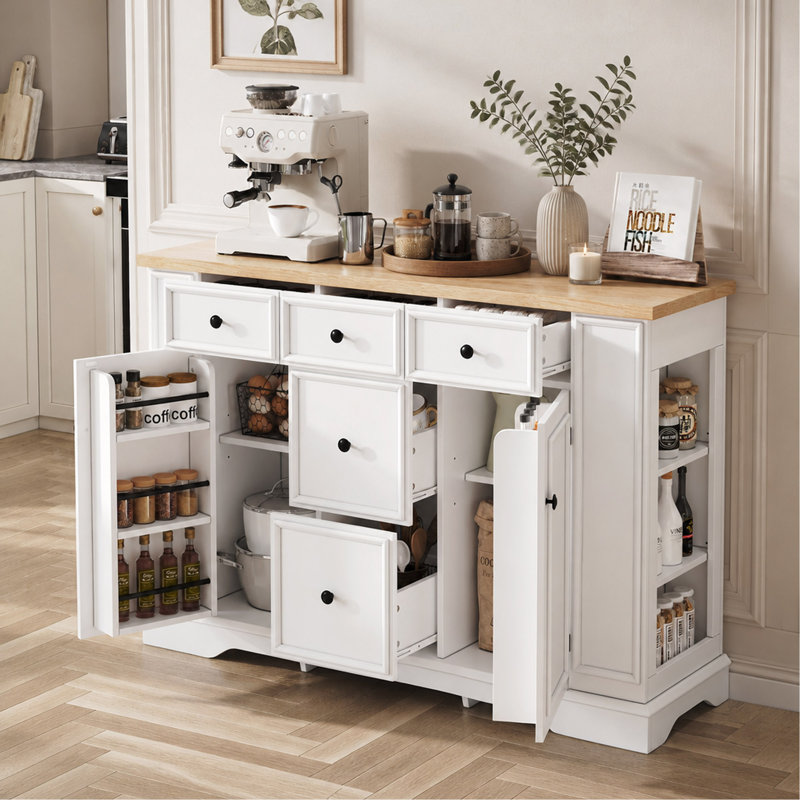 Buffet avec rangement, console de cuisine avec 5 tiroirs, 2 armoires, tablettes réglables, buffet pour la salle à manger, le salon, le vestibule