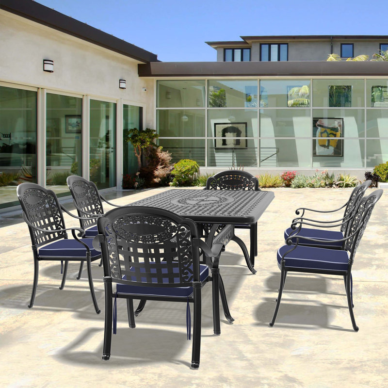 Ensemble de meubles de patio 7 pièces en aluminium coulé avec cadre noir et coussins bleus