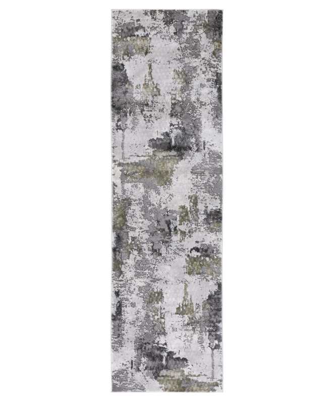 Tapis abstrait gris / vert Serafino, Tapis de couloir 2 pi 3 po x 6 pi