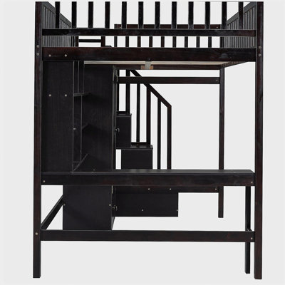 Lit mezzanine double avec bibliothèque, tiroirs, bureau et garde-robe espresso