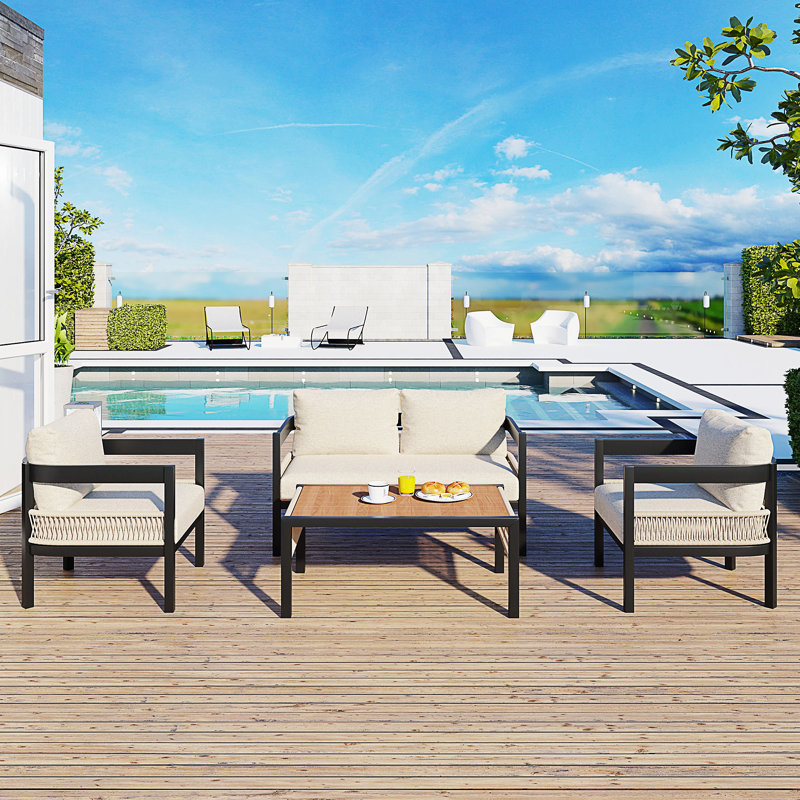Multi-Person Outdoor Iron Sofa Set With A Table, Beige