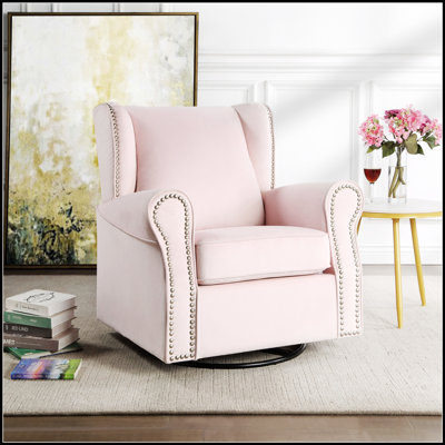 Tamaki Pink Fabric Glider Chair With Swivel, Elegant Nail-Head Trim And Comfortable Upholstery For Modern Living Spaces.