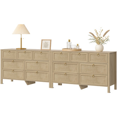 Pomodoro 51" W Rattan 7-Drawer Dresser With Golden Handles, Coastal Boho Bedroom Storage Chest