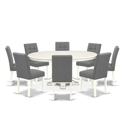 L'ensemble de table de salle à manger 9 pièces se compose d'une table en bois avec un plateau rond et de 8 chaises en polyester gris platine à haut dossier, en lin blanc
