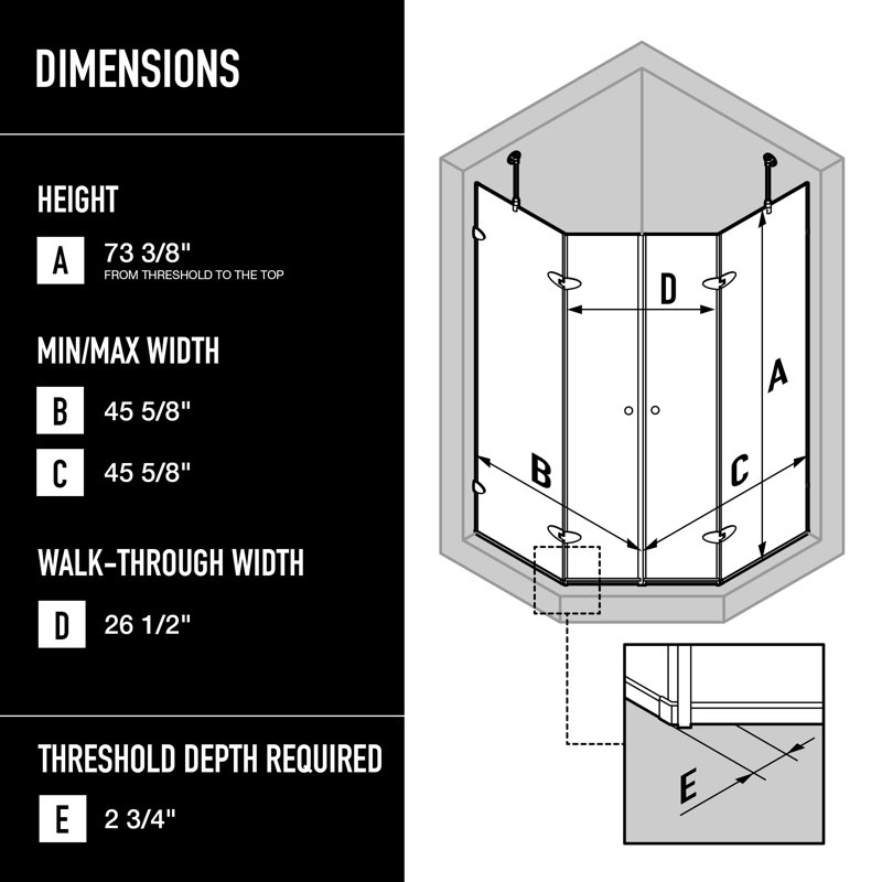 Gemini 48" W x 48" D x 79" H Hinged Frameless Shower Enclosure with 3/8 Clear Glass&Base, Brushed Nickel