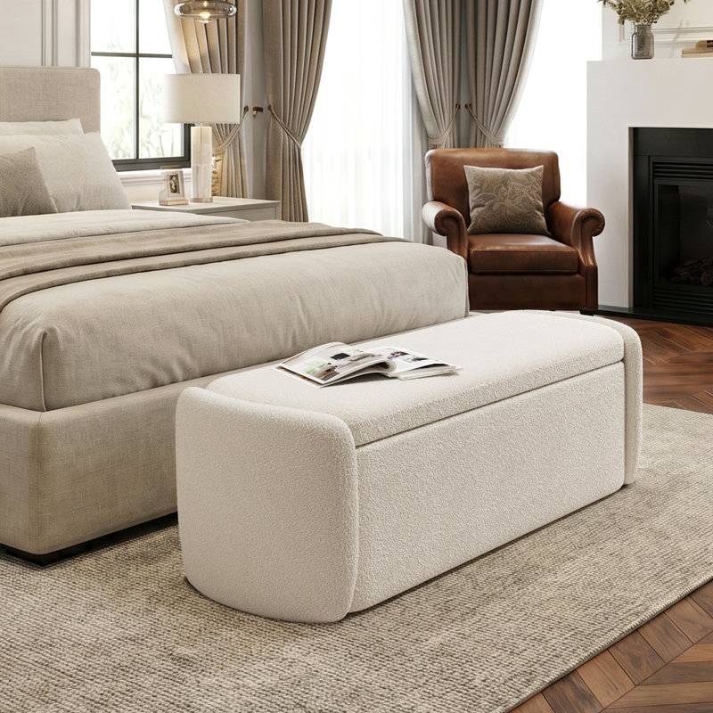 51.4" Enlarged Plush Teddy Chenille Upholstered Storage Ottoman Bench, No Assembly Required, Beige