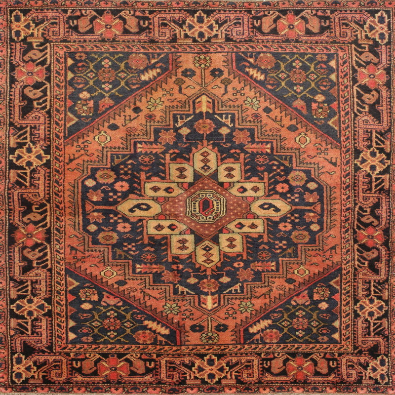 Tapis traditionnel rouge / bleu, Carré 5 pi