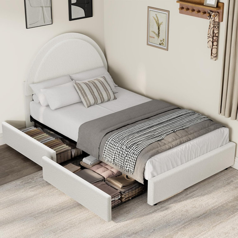 Bed Frame with Storage Drawers, Upholstered Boucle Platform Bed with Round Headboard, Heavy Duty & Noise Free, No Box Spring Needed