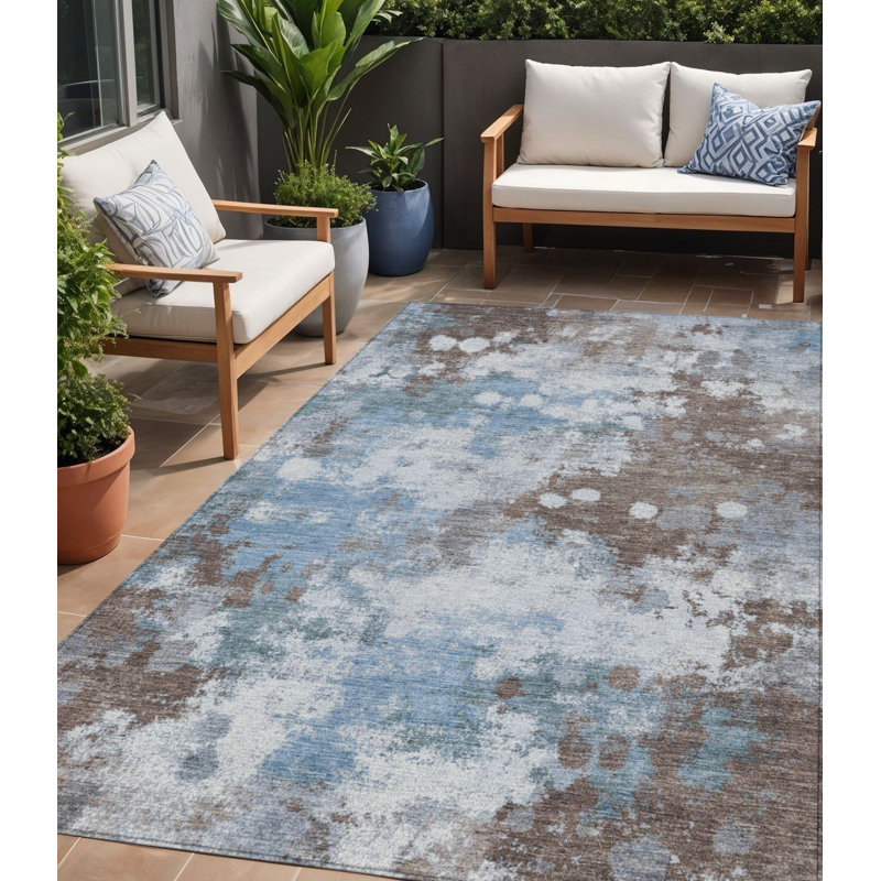 Tapis d'extérieur lavable abstrait brun et bleu ciel 5 pi x 8 pi