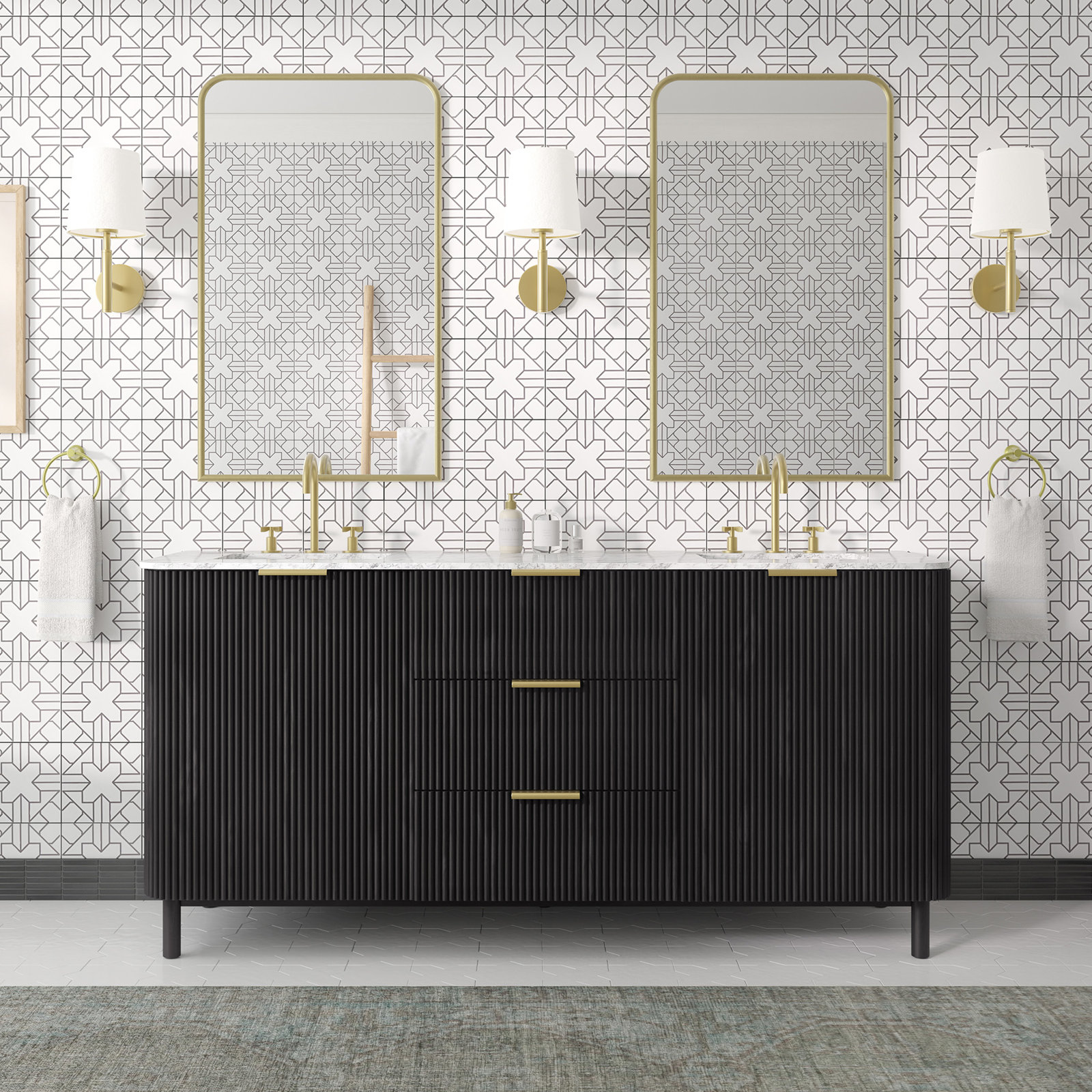 Nova 72" Carrara Marble Double Bathroom Vanity, Black Reeded Birch