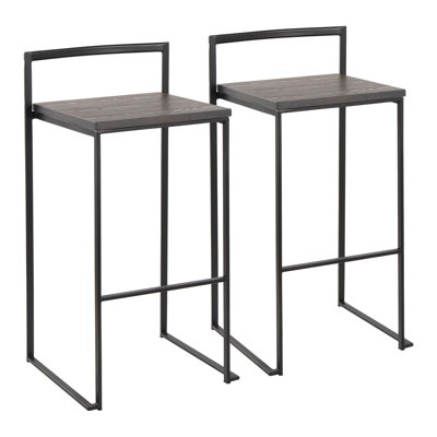 Tabouret de bar 30 po empilable en métal noir avec siège en bambou à grain de bois pressé espresso - ensemble de 2