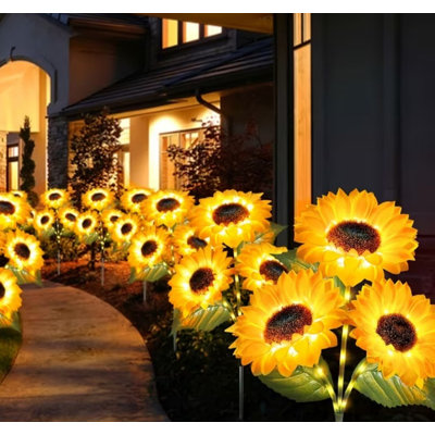 Solar Sunflower Firefly Stake Lights, 3‑Head Warm White Twinkling LED, Set of 4, Waterproof Solar Garden Lights for Yard Patio Lawn Pathway Decor
