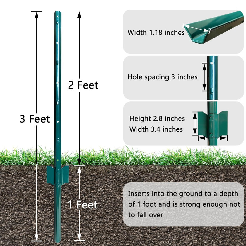 Metal Fence Posts, Pack of 10, U-Channel Steel Poles for Wire Mesh Garden Fencing, 3ft