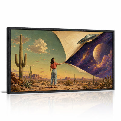 Retro Style Woman Pulling Curtain To Reveal Space And UFO Canvas Wall Art
