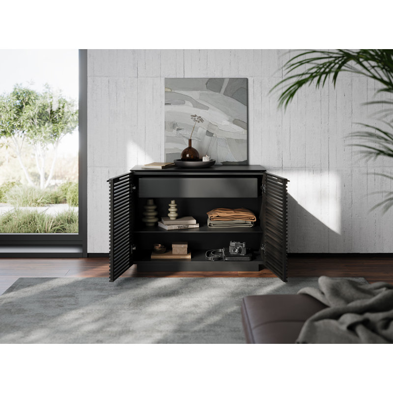 Chocolate Stained Walnut Adjustable Shelving Cabinet with Satin-Etched Glass