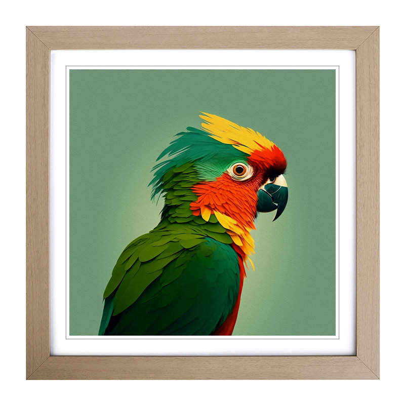 Parrot Minimalism - Single Picture Frame Print on Wood, Oak