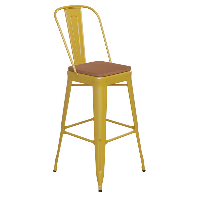 Tabouret de comptoir toutes saisons avec dossier amovible et siège en résine de polyester Britian, Jaune / brun