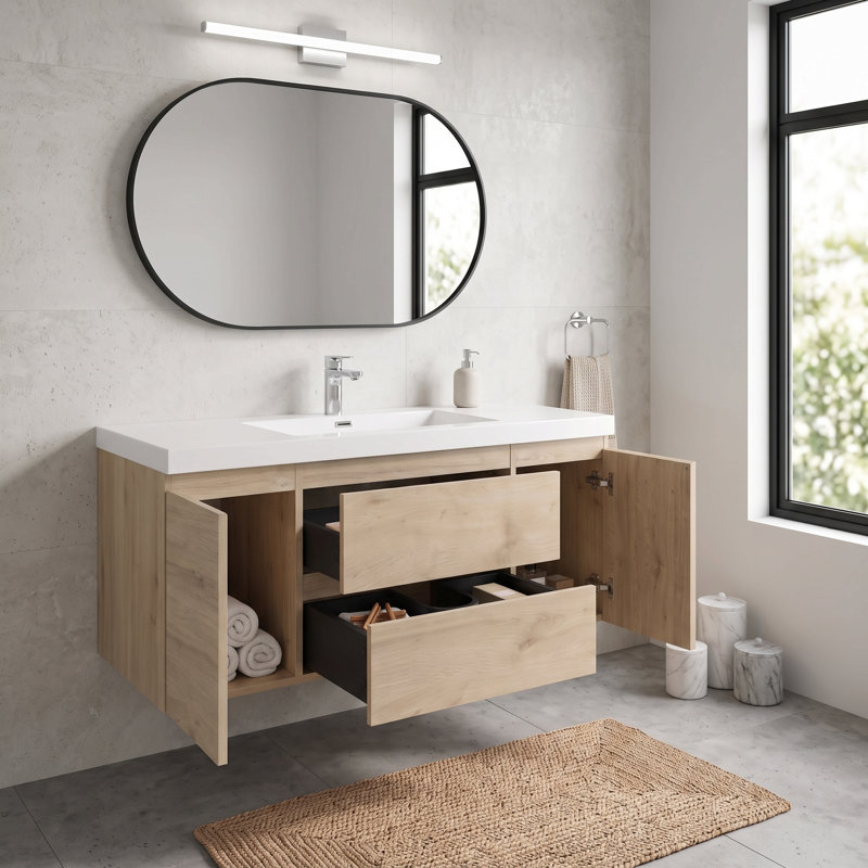 48" Wood Melamine  Wall‑Mount Bathroom Vanity Natural Wood, Wear‑resistant, anti‑scratch and non‑porous easy‑clean surface, Pre-Assembled