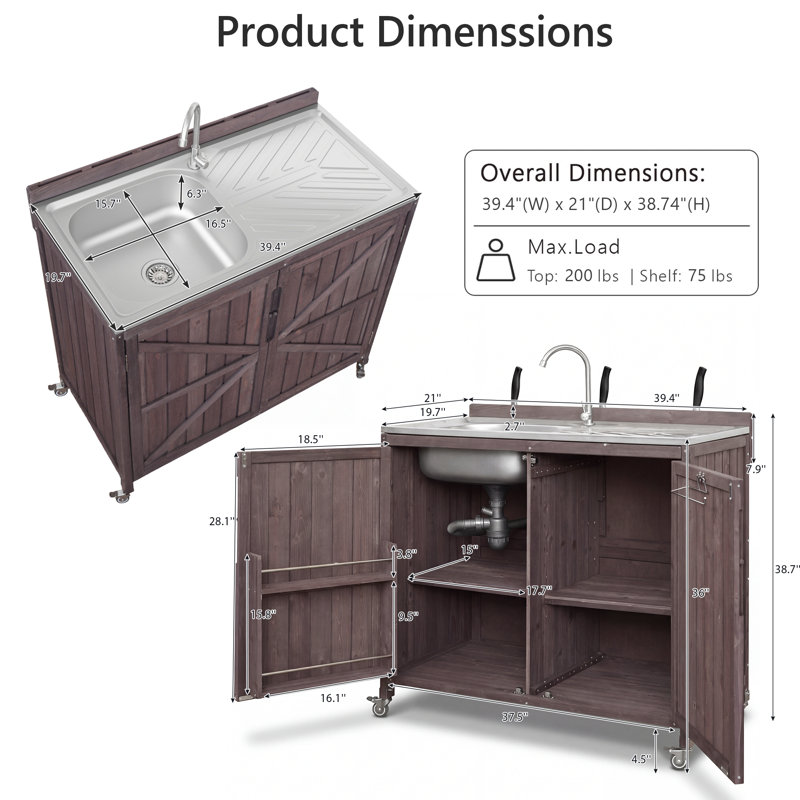 Heimo 39.4" Rolling Outdoor Kitchen Island With 304 Stainless Steel ...