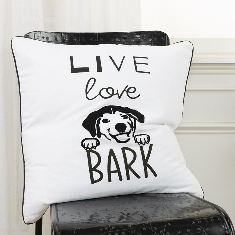 Coussin décoratif noir et blanc Live Love Bark