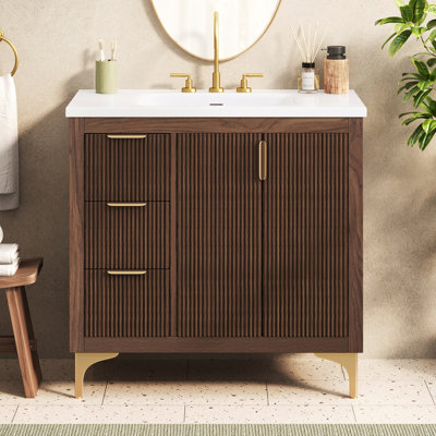 Meuble-lavabo moderne Marlen de 91 cm de large avec lavabo en résine SMC et portes rainurées 3D pour une salle de bain digne d'un spa.