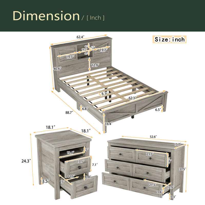 Ensemble de chambre à coucher 3 pièces avec lit plateforme Farmhouse, Lit double, Gris antique