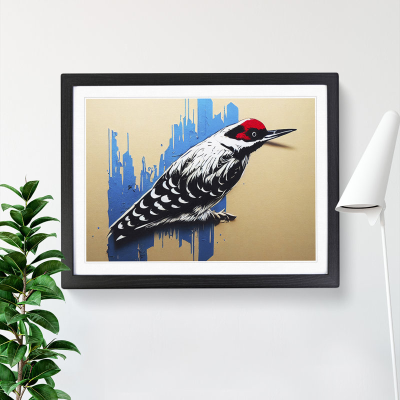 Edgy Woodpecker Bird Abstract 1 Piece Single Picture Frame Painting, 25cm H x 34cm W x 2cm D, Black Frame