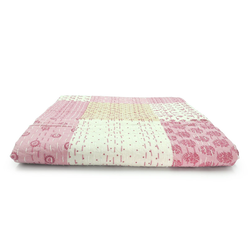 Light Pink Cotton Patchwork Kantha Throw Blanket, 50" x 70"