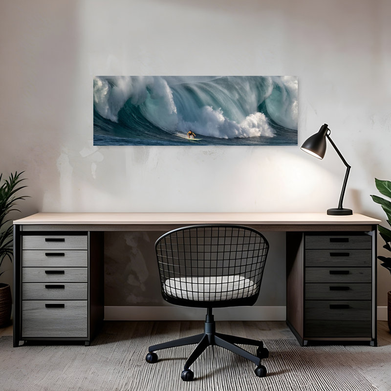«Surfer Rides Massive Wave», art mural océan contemporain, H 12 po x l 36 po