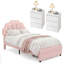 Ensemble de chambre à coucher 3 pièces, lit moderne tapissier à DEL avec tiroir et tables de chevet blanches à 3 niveaux-612285273-622466416