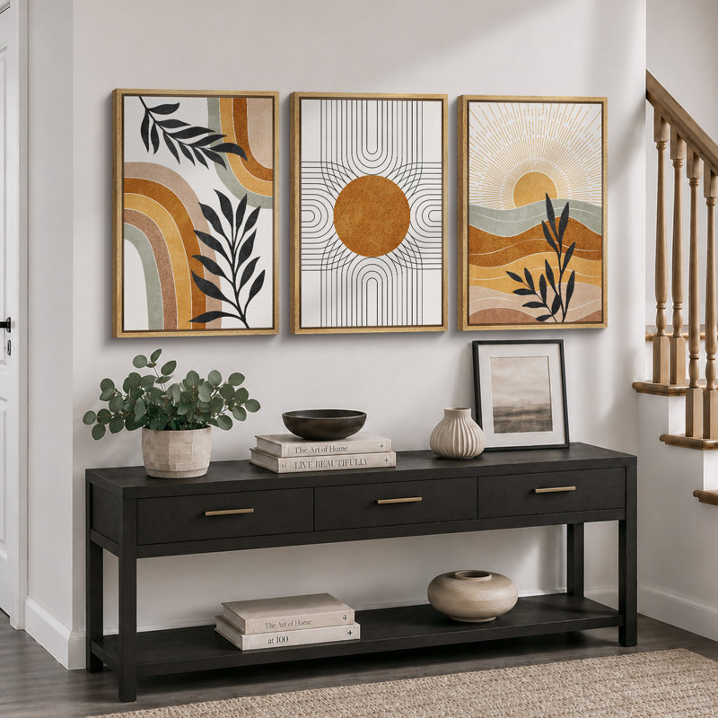 Mid Century Modern Boho "Western Orange Brown Sun Artwork, Abstract Vibrant Plant Pictures, Framed Canvas 3 Pieces Giclee Print Wall Art" 16"x24"x3 pcs, 24"x36"x3 pcs