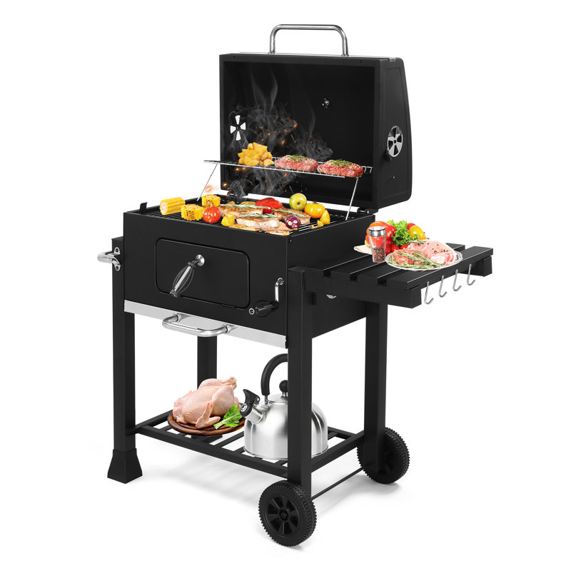 Barbecue d'extérieur au charbon de bois avec table d'appoint pliable et roulettes