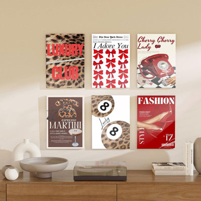 Set Of 6 Red Cheetah Poster Canvas Print,Fashion Leopard Wall Art Aesthetic Lucky 8 Ball Posters,Red Room Wall Decor For Family Dormitory Bedroom 8X10 In Wrapped Framed Ready To Hang