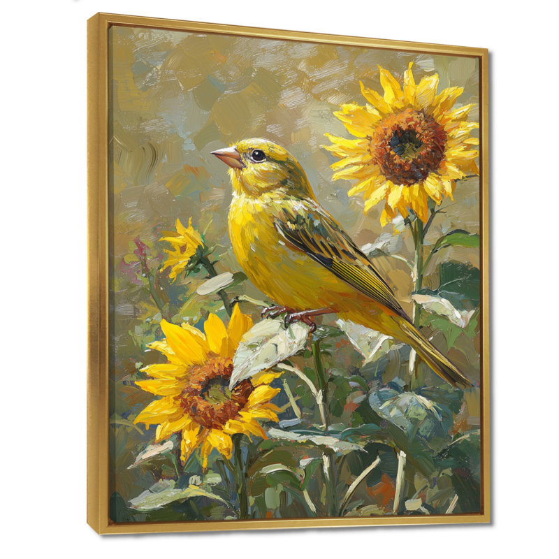Drucella Finch, oiseau à la ferme, tournesols II - oiseau, art mural, Impression encadrée flottante, H 32 po x l 16 po, Doré