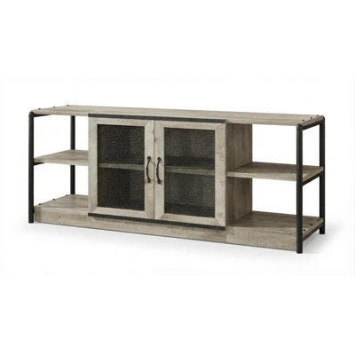 Meuble TV de style industriel pour téléviseur de plus de 65 pouces - Console multimédia grise - Portes en maille et étagères de rangement réglables - Structure métallique robuste - Centre de divertissement pour le salon
