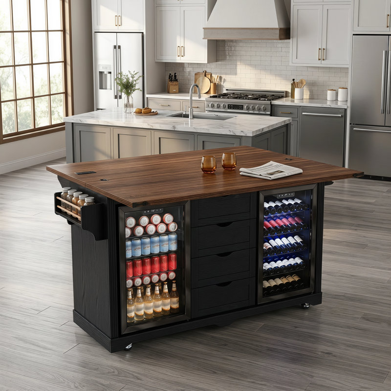 Îlot de cuisine à roulettes noir de style ferme de 72 pouces avec emplacement pour réfrigérateur et prise électrique, Noir