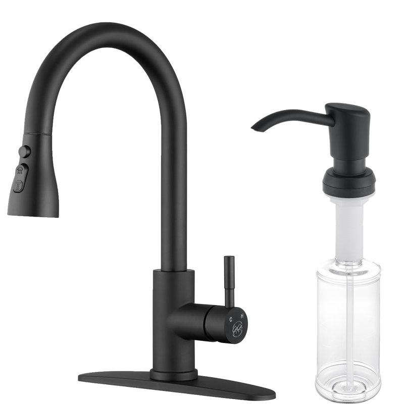 Single Handle Pull Down Sprayer Kitchen Faucet With Soap Dispenser Kitchen Sink Accessory Combo, Black
